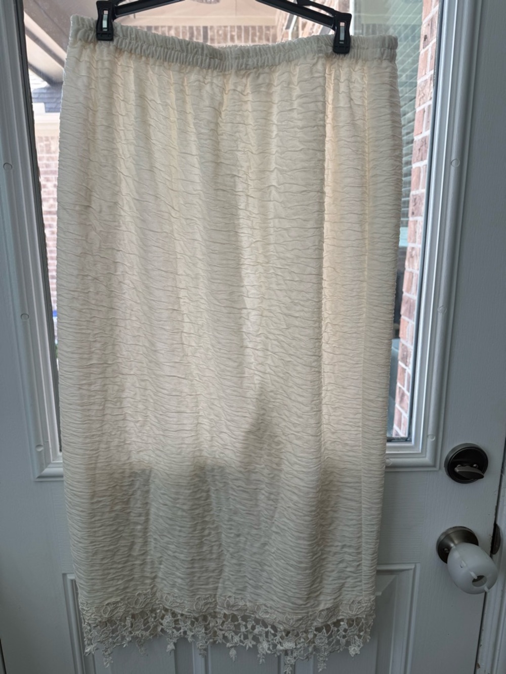 Cream Textured Midi Skirt with Lace Trim